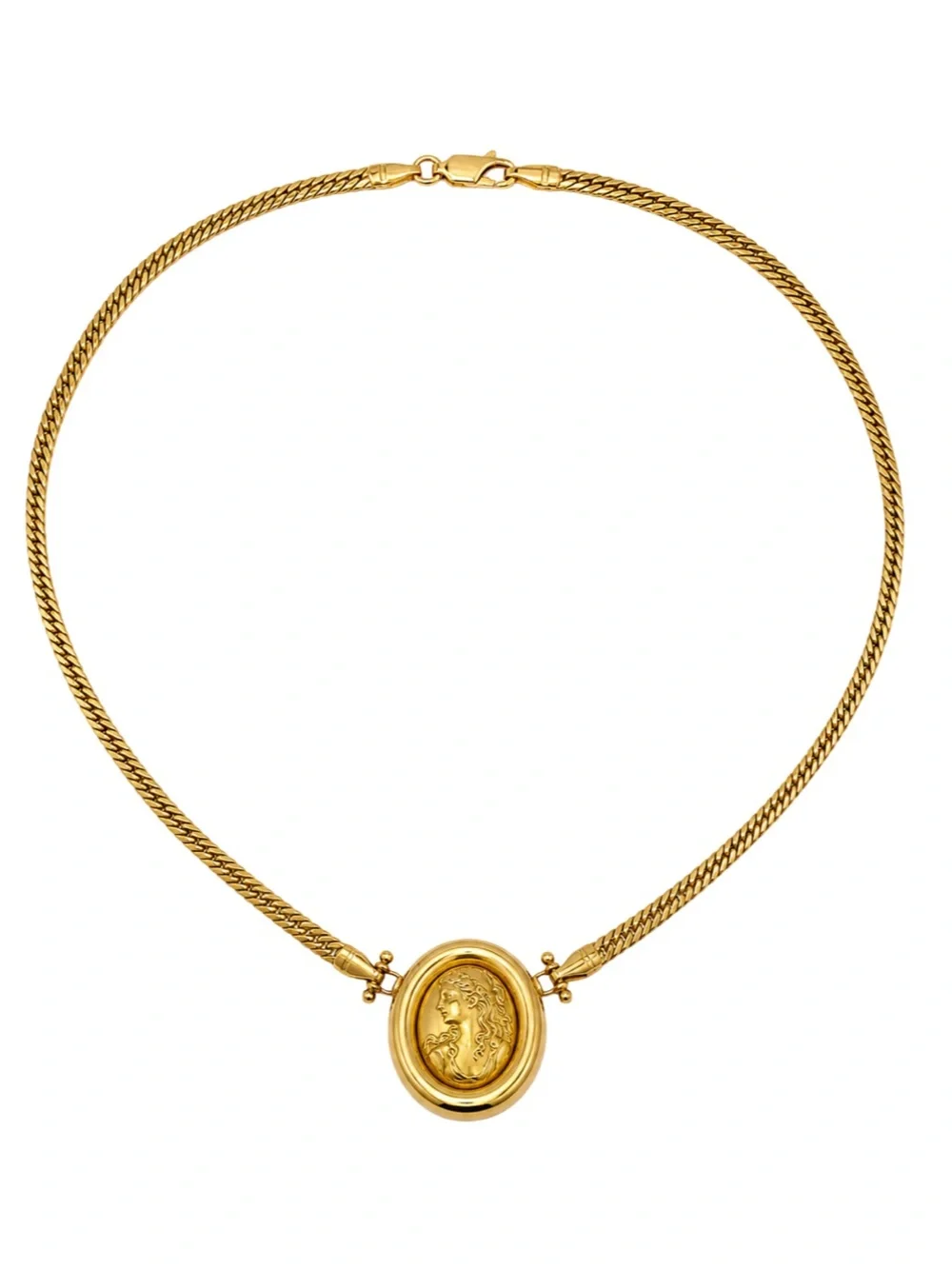 Loto Preziosi 18K Yellow Gold Cameo Pendant Herringbone Necklace 17.25” 12.16g